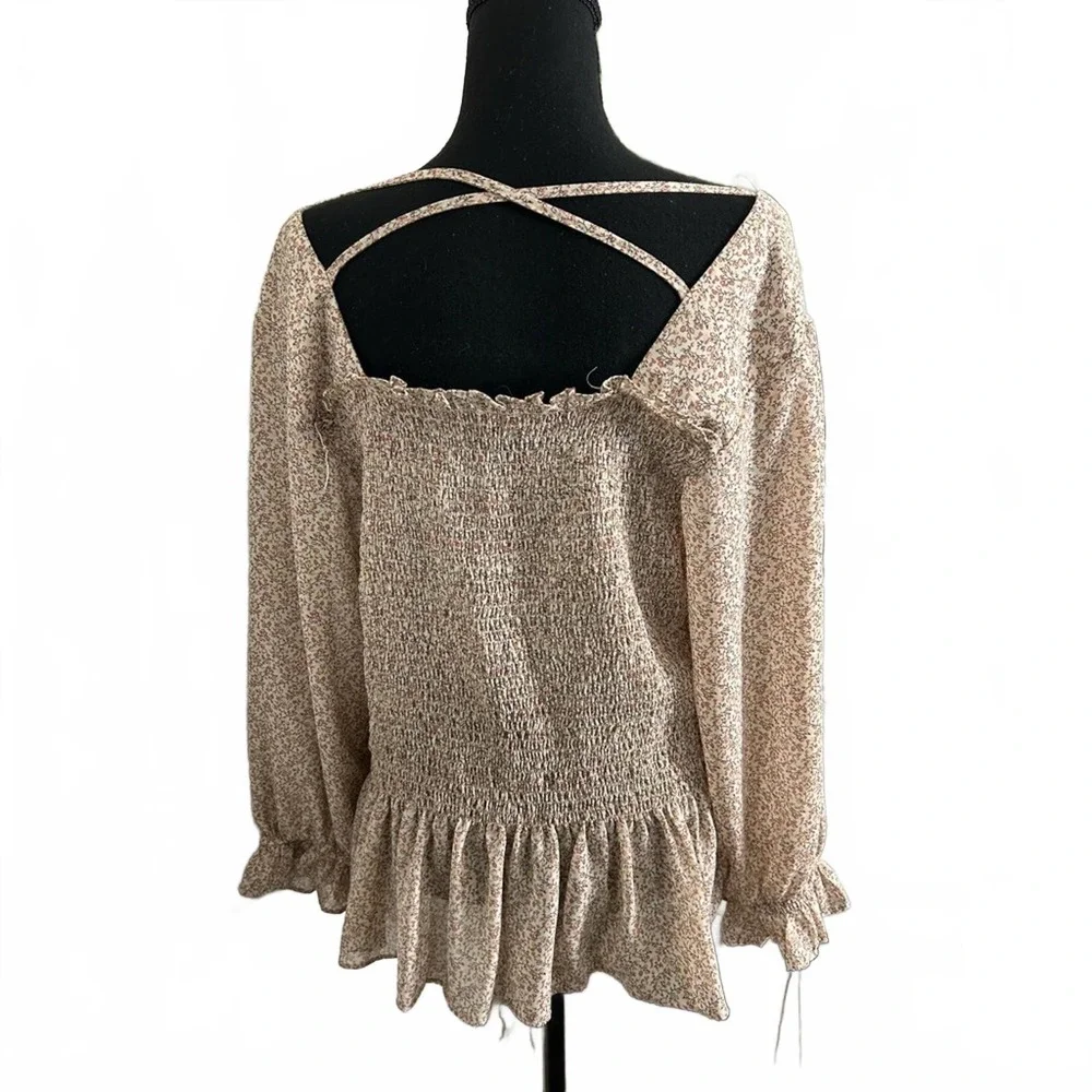 Cream‎ Floral Smocked Women Blouse Cottagecore 3X